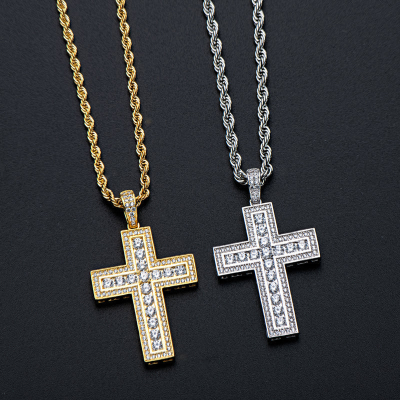 925 Sterling Silver Round Cut Created Diamond Hip Hop Charm Cross Pendant Necklace