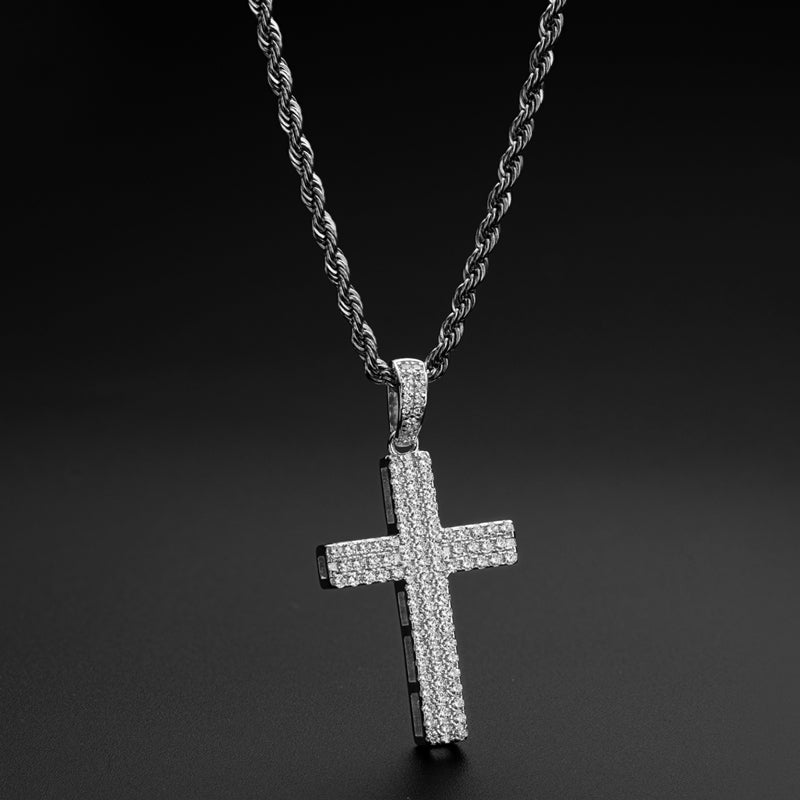 925 Sterling Silver Round Cut Created CZ Hip-Hop Cross Pendant Necklace