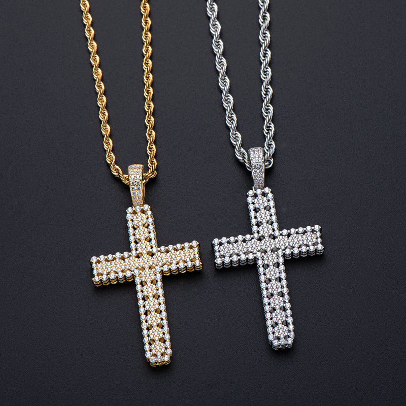 925 Sterling Silver Round Cut Created Diamond Personalized Cross Hip Hop Pendant Necklace 23.62''