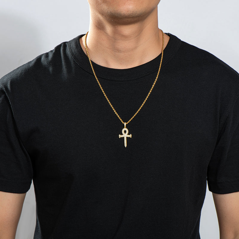 925 Sterling Silver Created Diamond Cross Hip Hop Rope Chain Pendant Necklace