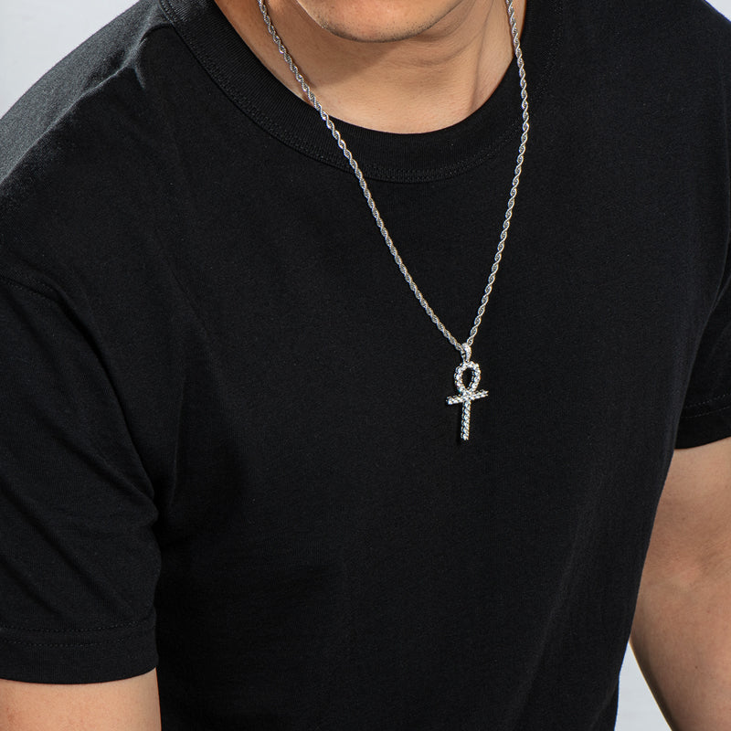 925 Sterling Silver Created CZ Cross Hip Hop Rope Chain Pendant Necklace