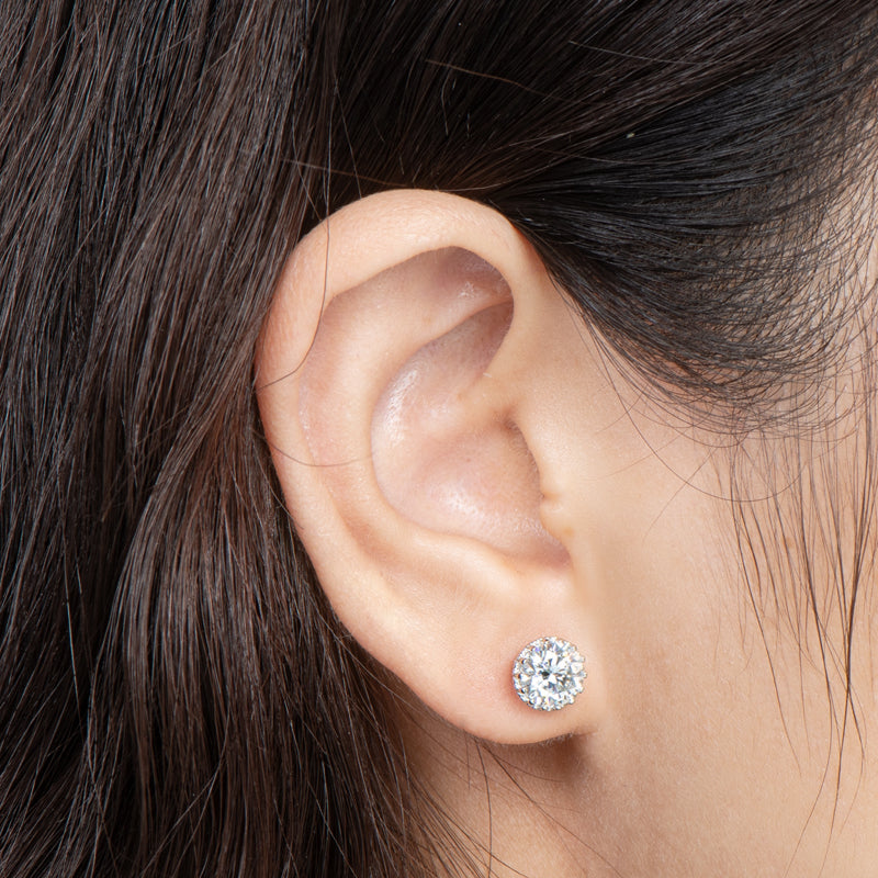 925 Sterling Silver Vintage Crown Round Cut CZ Halo Stud Earrings