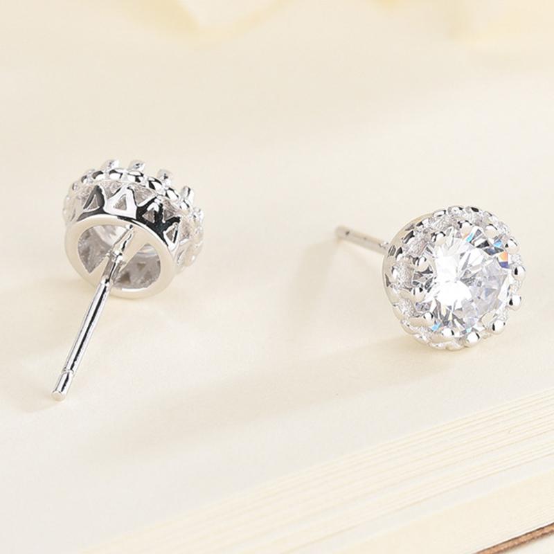 925 Sterling Silver Vintage Crown Round Cut CZ Halo Stud Earrings