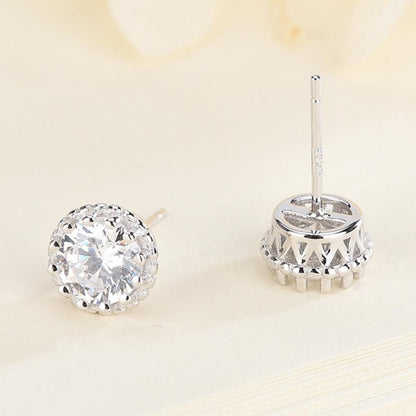 925 Sterling Silver Vintage Crown Round Cut CZ Halo Stud Earrings