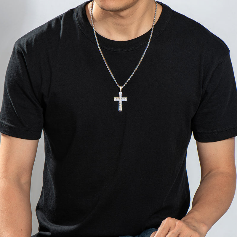 925 Sterling Silver Round Cut Created Diamond Personalized Cross Hip Hop Pendant Necklace 23.62''