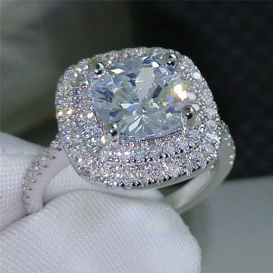 925 Sterling Silver Cushion Cut CZ Double Halo Ring