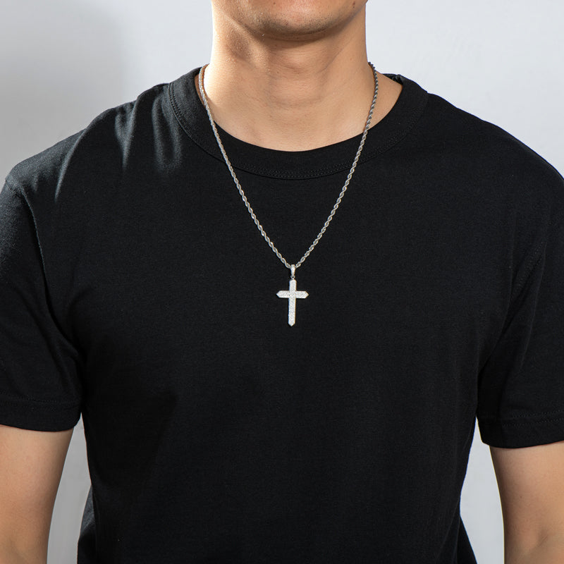 925 Sterling Silver Created CZ Cross Hip Hop Long Chain Pendant Necklace