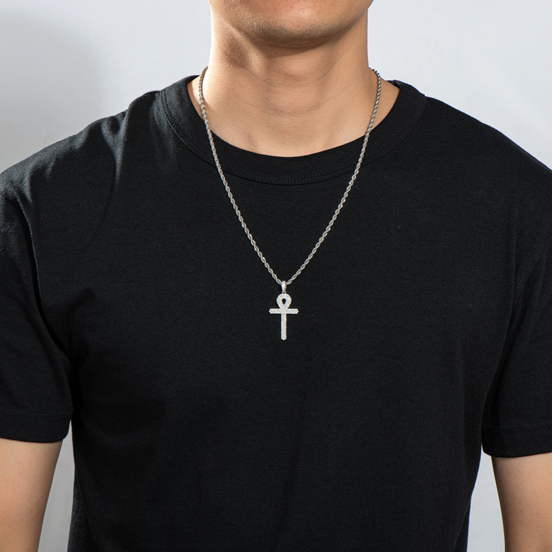 925 Sterling Silver Created Diamond Cross  Hip Hop Men Pendant Necklace