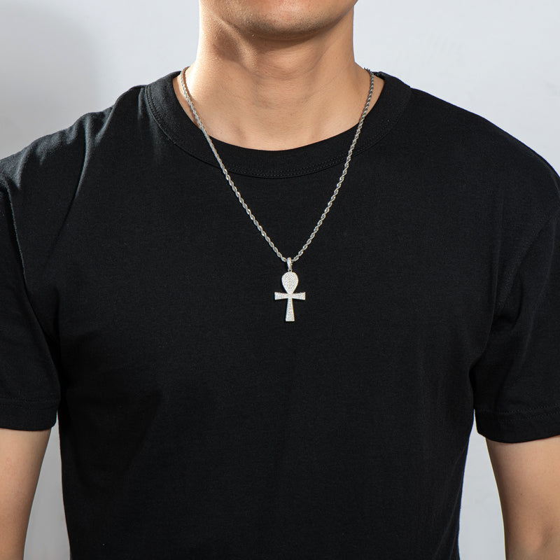 925 Sterling Silver Full Created Diamond Cross Hip Hop Men Pendant Necklace