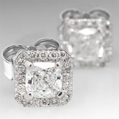 925 Sterling Silver Cushion Cut Cubic Zirconia Halo Stud Earrings