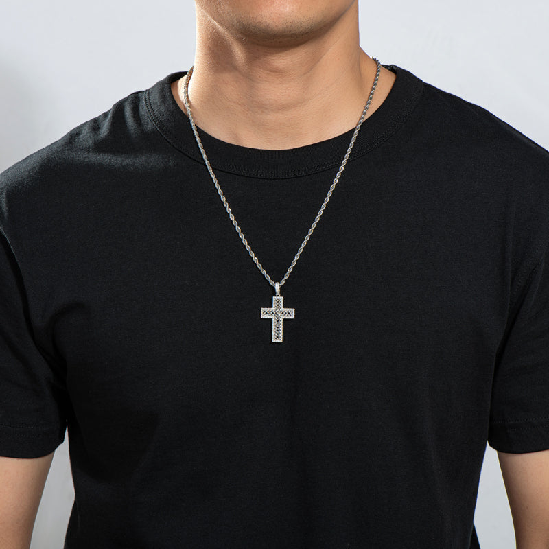 925 Sterling Silver Created Diamond Cross Hip Hop Long Chain Luxury Pendant Necklace