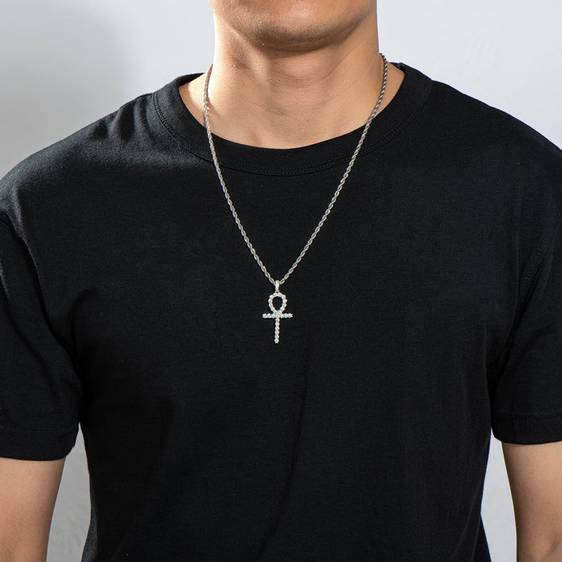 925 Sterling Silver Created CZ Cross Hip Hop Rope Chain Pendant Necklace