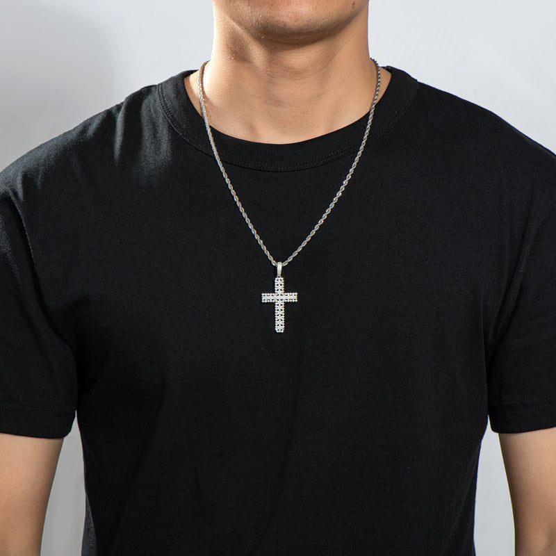 925 Sterling Silver Round Cut Created Diamond Personalized Cross Hip Hop Pendant Necklace 23.62''