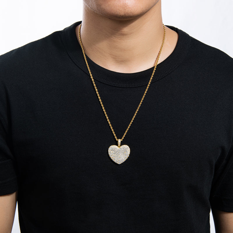 925 Sterling Silver Created Heart Shaped Rope Chain Hip Hop Pendant Necklace