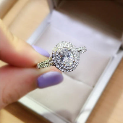 925 Sterling Silver Oval Cut Created CZ Double Halo Ring