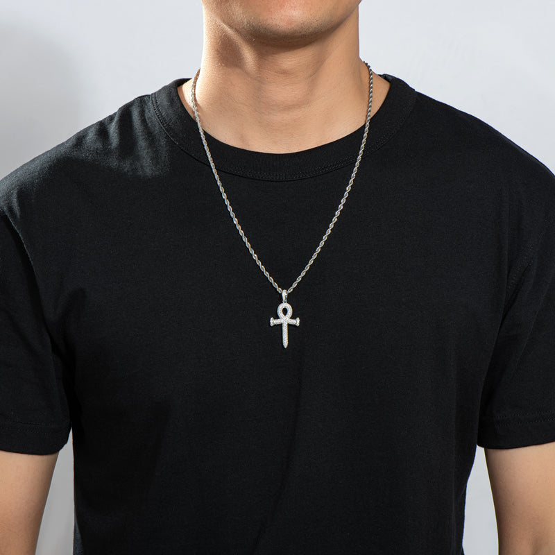 925 Sterling Silver Created Diamond Cross Hip Hop Rope Chain Pendant Necklace