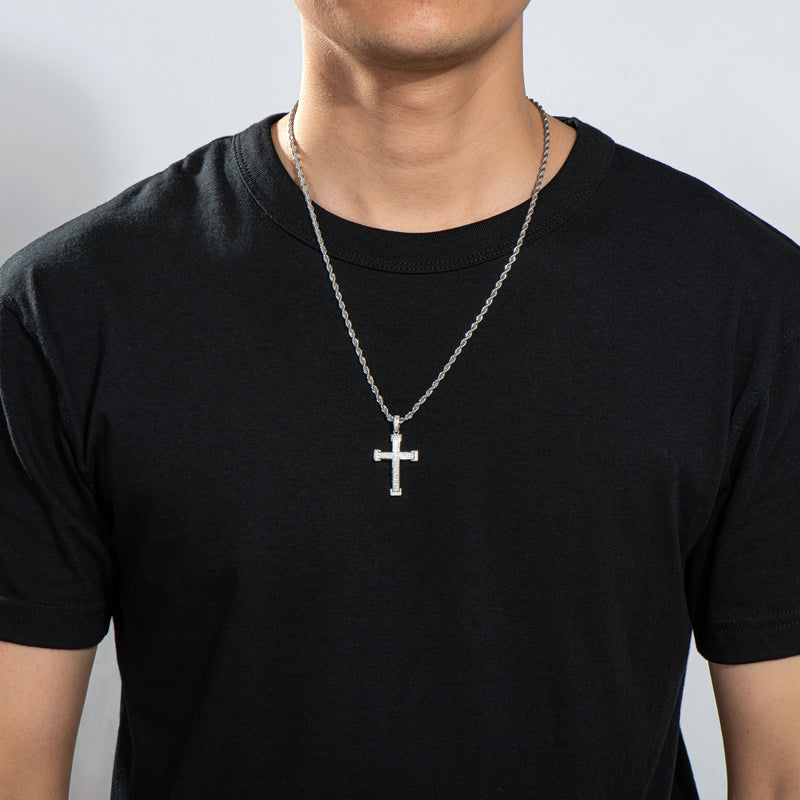 925 Sterling Silver Personalized Cross Created CZ Hip Hop Charm Pendant Necklace