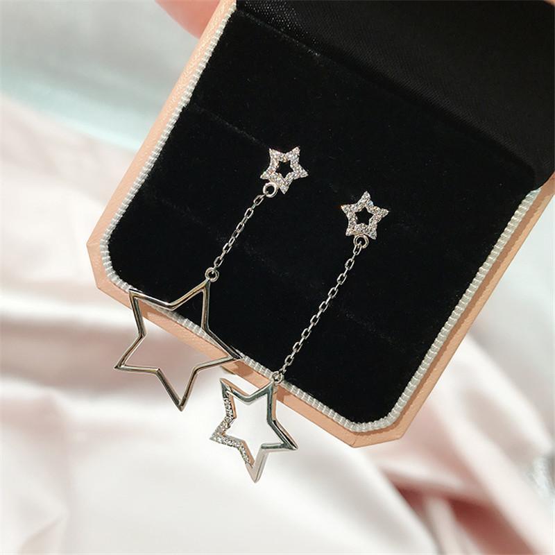 925 Sterling Silver Round Cut Star Created CZ Drop Earrings