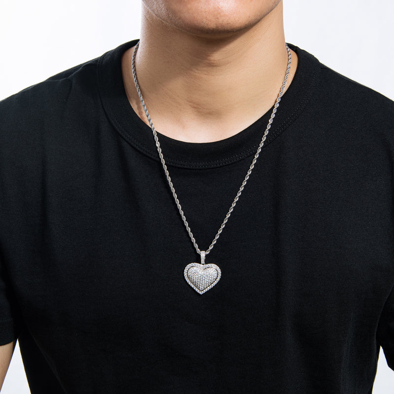 925 Sterling Silver Created CZ Heart Shaped Long Chain Hip Hop Pendant Necklace