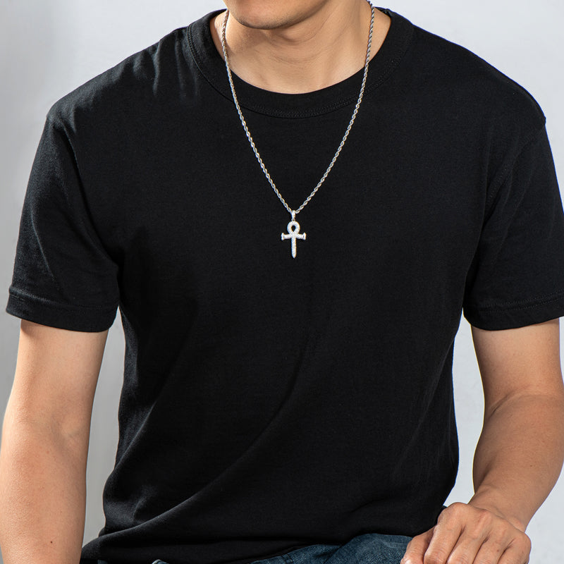 925 Sterling Silver Created Diamond Cross Hip Hop Rope Chain Pendant Necklace