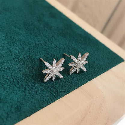 925 Sterling Silver Round Cut Eight-Pointed Star Cubic Zirconia Stud Earrings