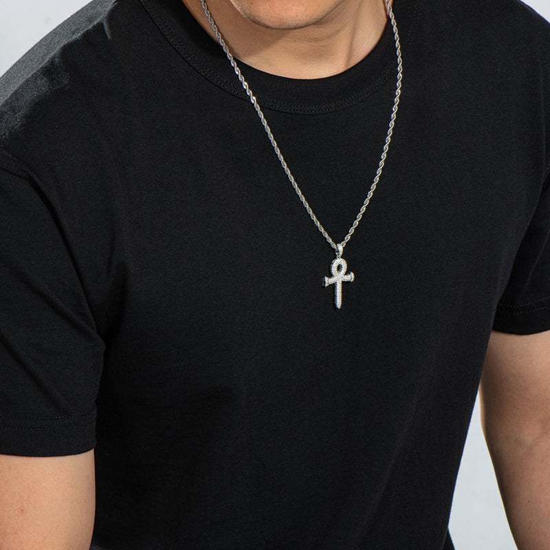 925 Sterling Silver Created Diamond Cross Hip Hop Rope Chain Pendant Necklace