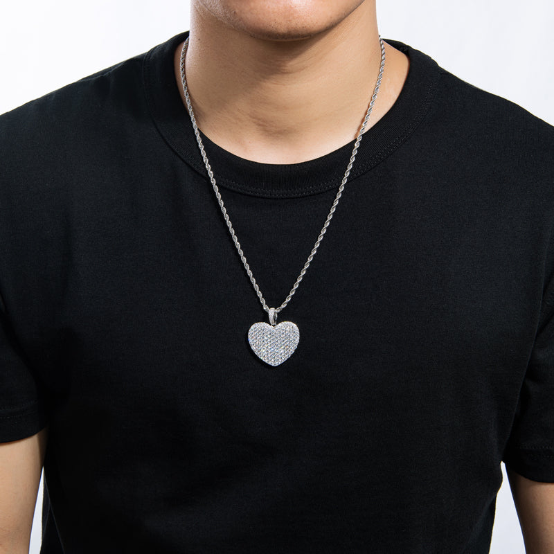 925 Sterling Silver Created Heart Shaped Rope Chain Hip Hop Pendant Necklace