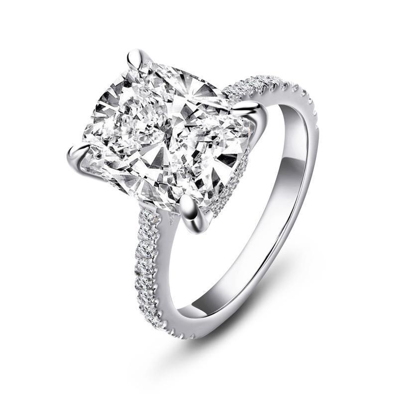 925 Sterling Silver Cushion Cut Created CZ Pave Wedding Engagement Ring 925 Sterling Silver