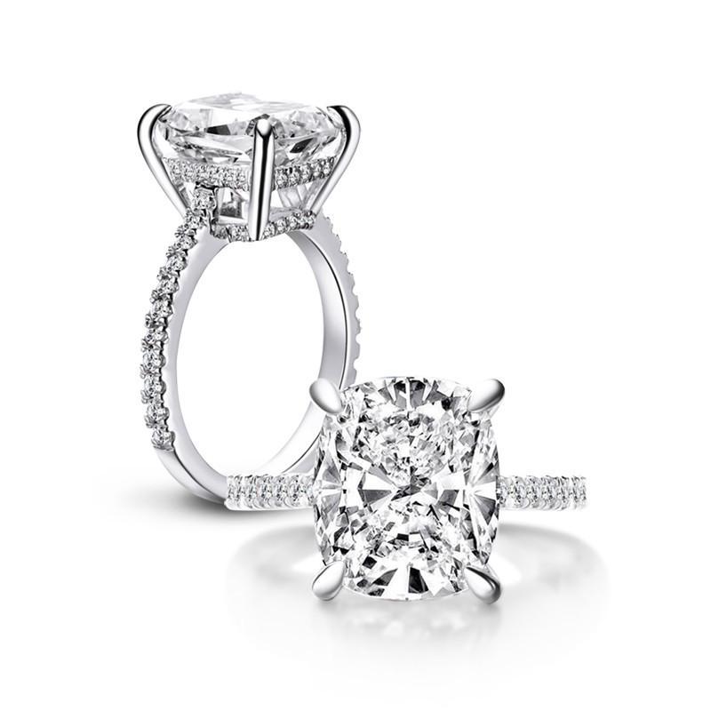 925 Sterling Silver Cushion Cut Created CZ Pave Wedding Engagement Ring 925 Sterling Silver