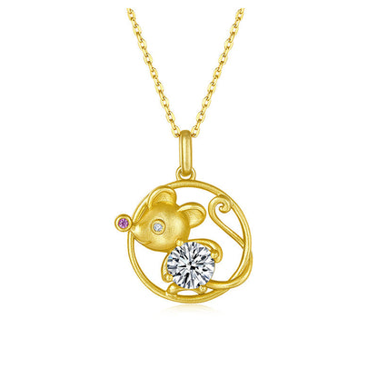 925 Sterling Silver Round Cut CZ little Mouse Pendant Necklace