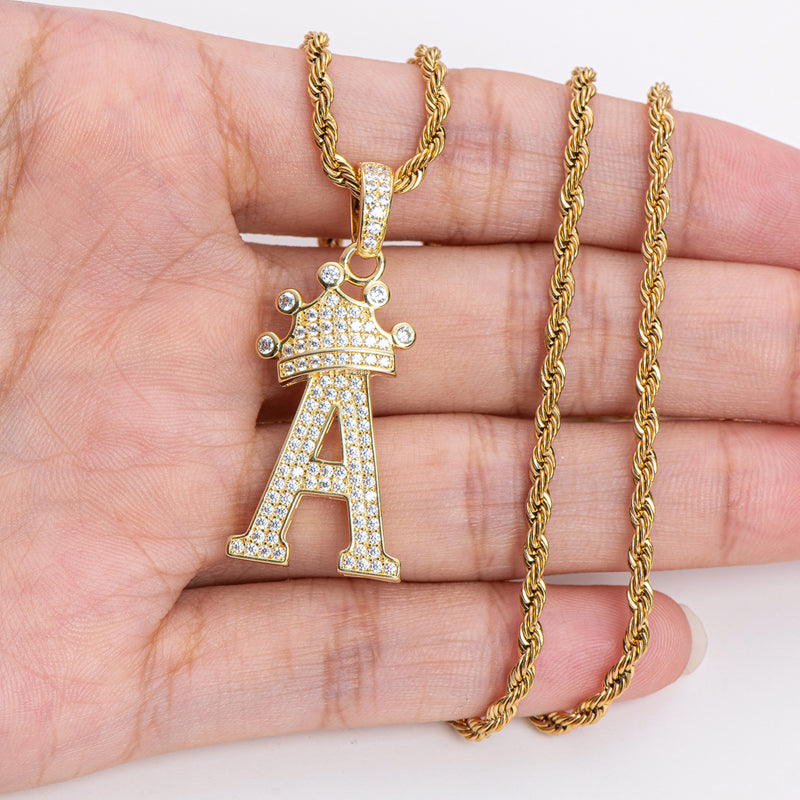 925 Sterling Silver Round Cut Created Diamond Hip Hop Micro Pave The Letter A Pendant Necklace