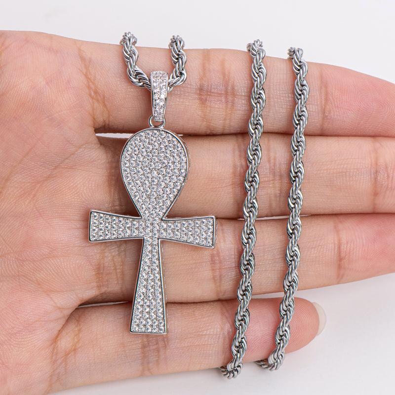 925 Sterling Silver Full Created Diamond Cross Hip Hop Men Pendant Necklace