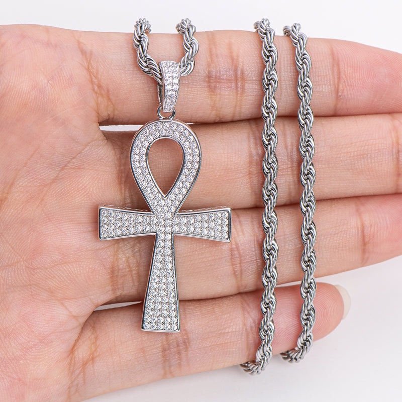 925 Sterling Silver Cross Created Diamond Hip Hop Long Chain Pendant Necklace