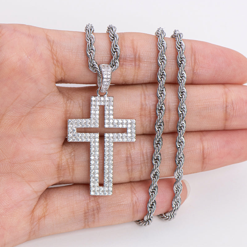 925 Sterling Silver Created Diamond Personalized Cross Hollow Pendant Necklace