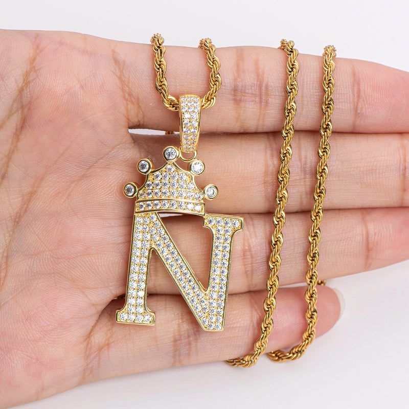 925 Sterling Silver The Letter N Created CZ Crown Hip Hop Rope Chain Pendant Necklace