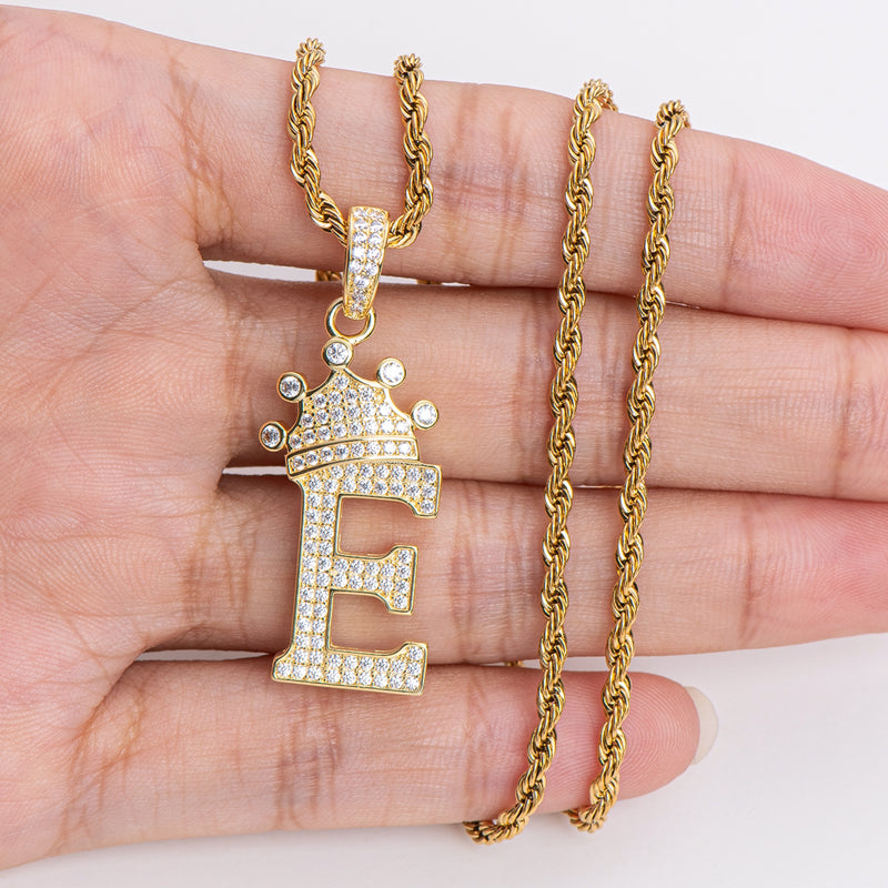 925 Sterling Silver Round Cut Created Diamond Hip Hop Micro Pave The Letter E Pendant Necklace