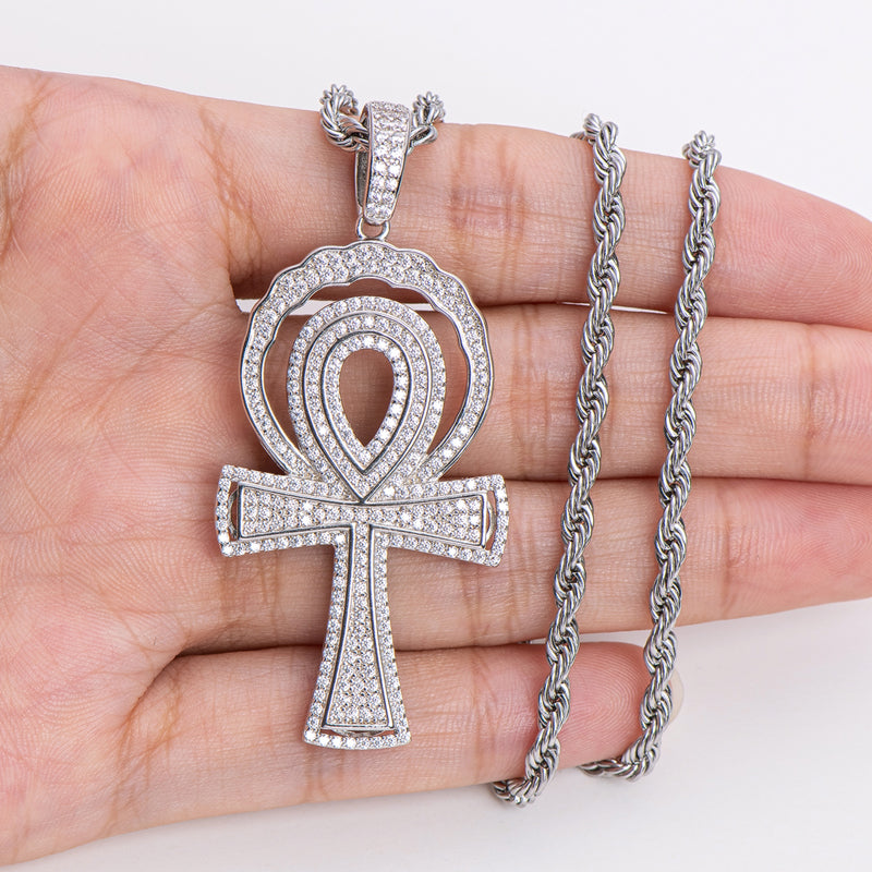 925 Sterling Silver Created CZ Cross Hip Hop Luxury Multilayer Pendant Necklace