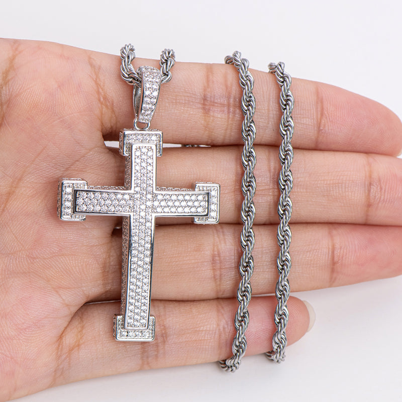 925 Sterling Silver Three Rows Round Cut Created CZ Cross Pendant Necklace