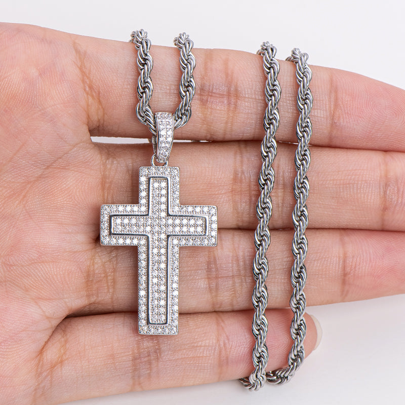 925 Sterling Silver Personalized Multilayer Cross Long Chain Cool Pendant Necklace