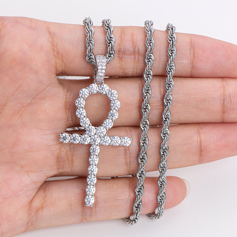 925 Sterling Silver Created CZ Cross Hip Hop Rope Chain Pendant Necklace