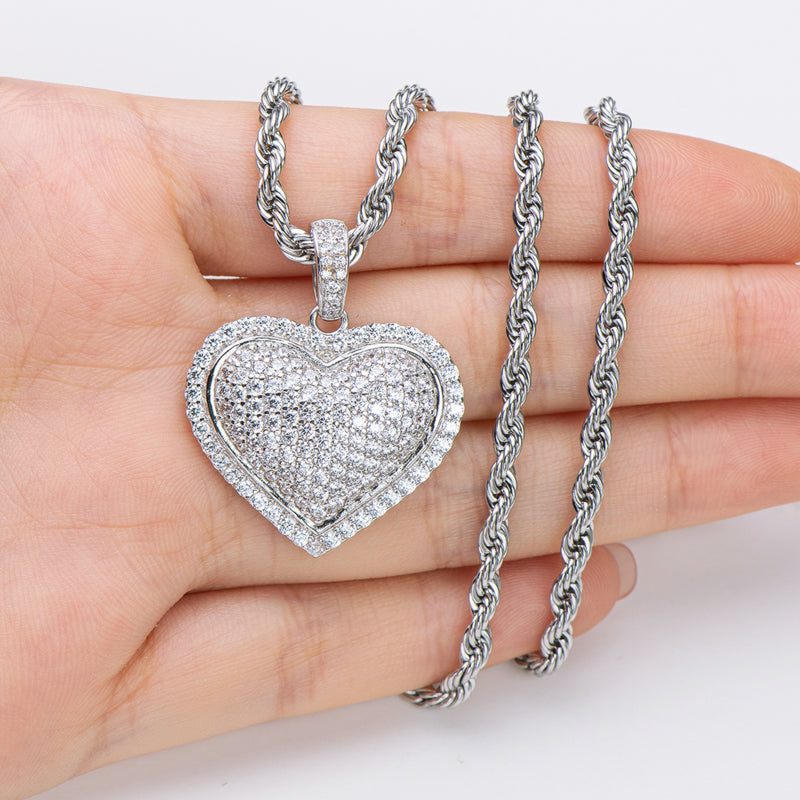 925 Sterling Silver Created Diamond Heart Shaped Hip Hop Pendant Necklace