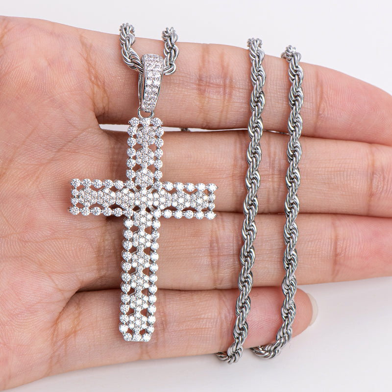 925 Sterling Silver Round Cut Created Diamond Personalized Cross Hip Hop Pendant Necklace 23.62''