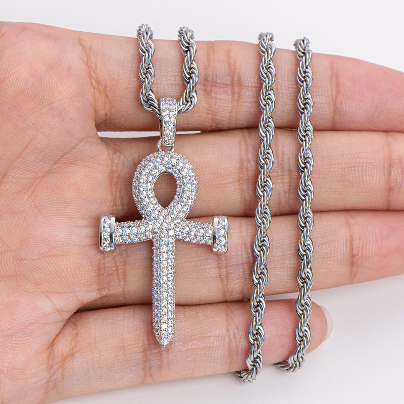 925 Sterling Silver Created Diamond Cross Hip Hop Rope Chain Pendant Necklace