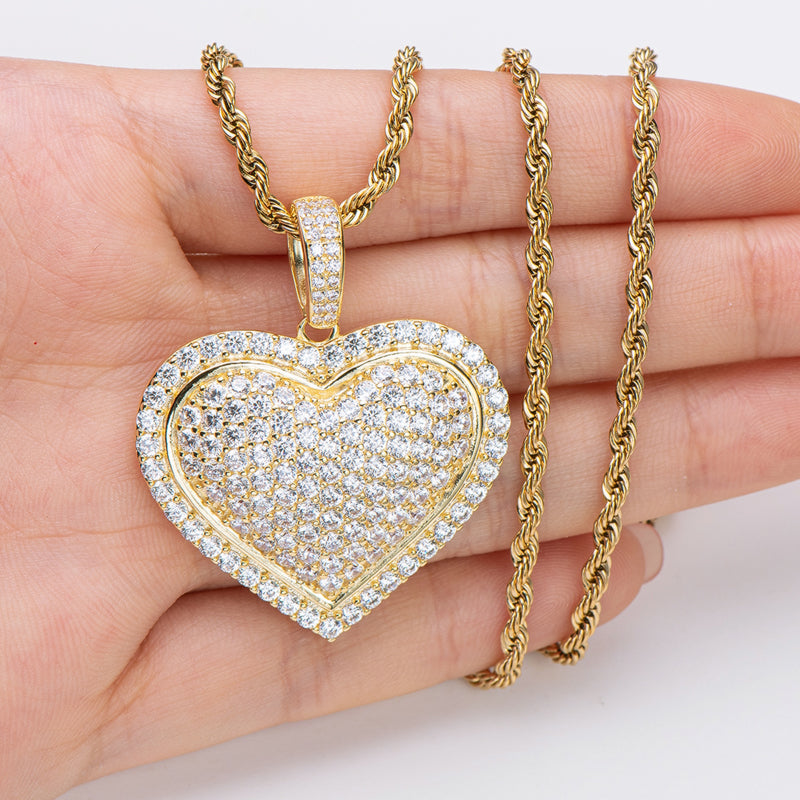 925 Sterling Silver Created CZ Heart Shaped Long Chain Hip Hop Pendant Necklace