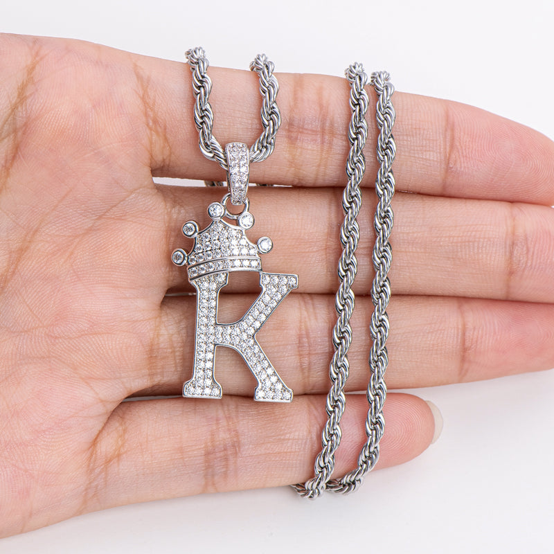 925 Sterling Silver Created Diamond Hip Hop Micro Pave The Letter K Pendant Necklace