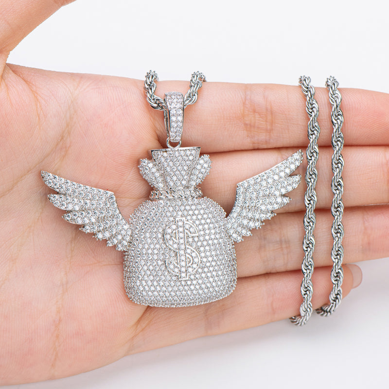 925 Sterling Silver Created Diamond Wallet With Wings Pendant Necklace