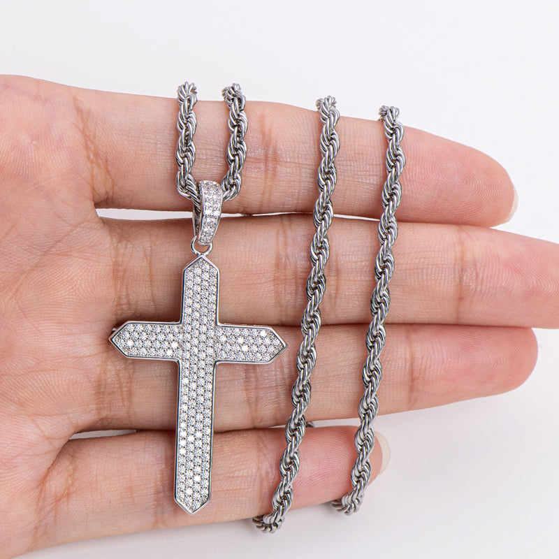 925 Sterling Silver Created CZ Cross Hip Hop Long Chain Pendant Necklace