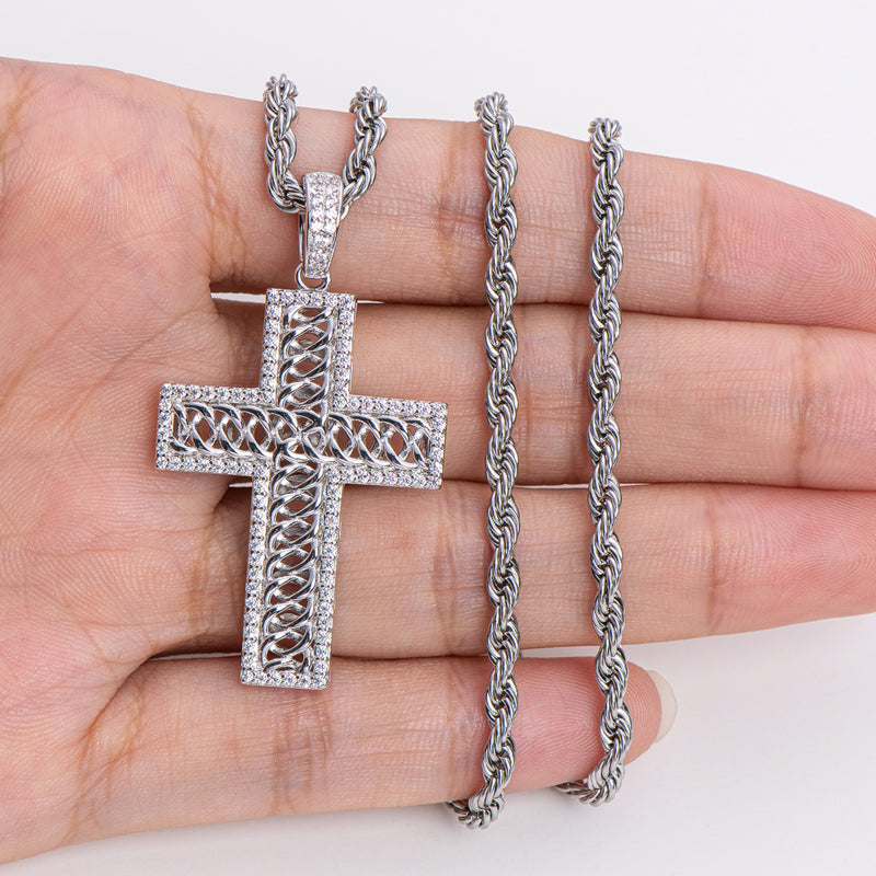 925 Sterling Silver Created Diamond Cross Hip Hop Long Chain Luxury Pendant Necklace