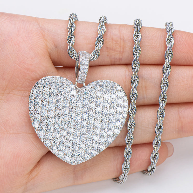 925 Sterling Silver Created Heart Shaped Rope Chain Hip Hop Pendant Necklace