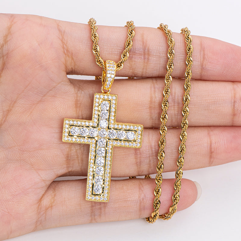 925 Sterling Silver Round Cut Created Diamond Hip Hop Charm Cross Pendant Necklace